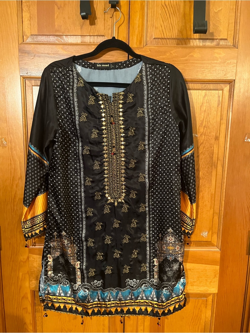 Bin Saeed Black Embroidered Tunic Top with Gold & Teal Accents